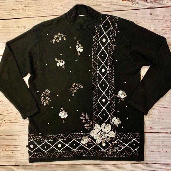 Vintage Beaded Knit Mock Neck Holiday Winter Sweater Victoria Jones Black Silver - Picture 3 of 15